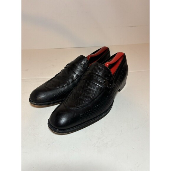 Vero Cuoio Lav. Artigiana Mens Almond Toe Black Leather Slip On Loafers Size 42 - Picture 1 of 10